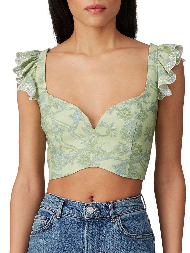 Amur Rafaela Top In Sage Green & Light Blue Llinen-Like Fabric. L, Guc